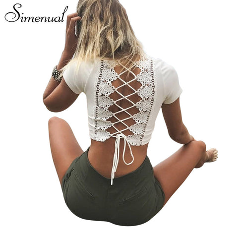 Simenual Lace up back sexy t-shirts for women crisscross fashion t shirt summer crop top hollow out hot female t-shirt tops tees