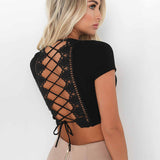 Simenual Lace up back sexy t-shirts for women crisscross fashion t shirt summer crop top hollow out hot female t-shirt tops tees