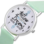 Follow Dreams Words DIY Unisex simple Watches 2017 Retro Design PU Leather Quartz Watches Women Clock Gift Wristwatch Mens