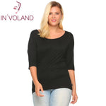 IN'VOLAND Women T-Shirts Top Big Size Autumn Spring Round Collar 3/4 Sleeve Solid Slim Fit Pullover Casual Tshirt Tees Plus Size