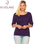 IN'VOLAND Women T-Shirts Top Big Size Autumn Spring Round Collar 3/4 Sleeve Solid Slim Fit Pullover Casual Tshirt Tees Plus Size