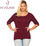 IN'VOLAND Women T-Shirts Top Big Size Autumn Spring Round Collar 3/4 Sleeve Solid Slim Fit Pullover Casual Tshirt Tees Plus Size