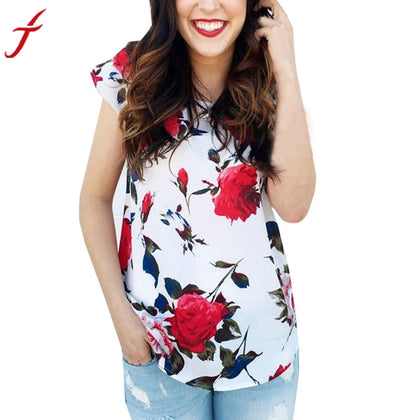 T shirts Women 2017 Summer rose Floral Print Shirt Short Sleeve O Neck Casual Female Pink T-shirt Ukraine