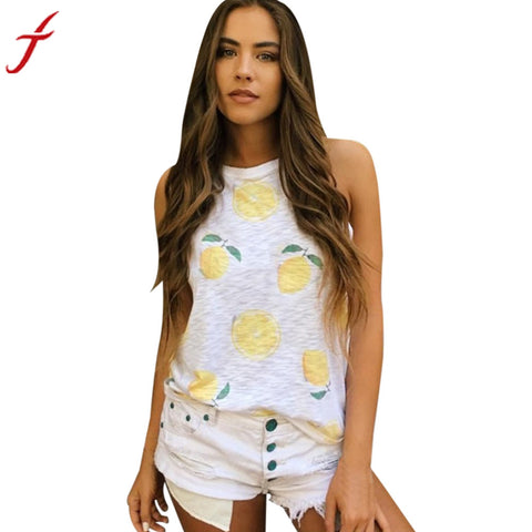 Women Sleeveless Orange Printed Tops Beach Crop Tops Top Funny Printed Casual Cotton O-Neck Tees Tops