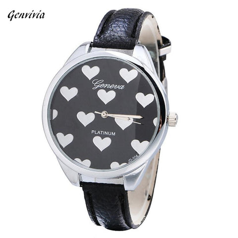 Genvivia Fashion Women Watches Leather Band Heart-shaped Alloy Dial Quartz Wrist Watch Bracelet Women Watches With Gift Box