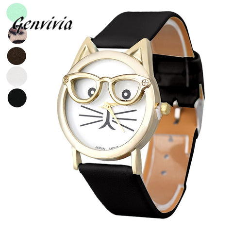 Brand Luxury Wrist Watched for Women 2017 Cute Glasses Cat Women Analog Quartz Dial Sport Wrist Watch Drop Ship