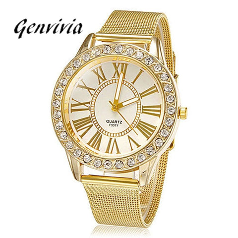 GENVIVIA Gold Men Watch Women Stainless Steel Band Watches 2017 Fashion Crystal WristWatch Quartz Bracelet Watch