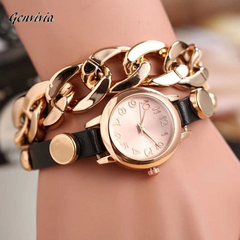 Punk Women Gold Dial Leather Chain Wrap Analog Quartz Wrist Watch Woman Bracelet Watches Bangle Cheapest Clock Dave