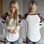 Women Floral Splice Printing Long Sleeve Round Neck Pullover Blouse Tops T Shirt