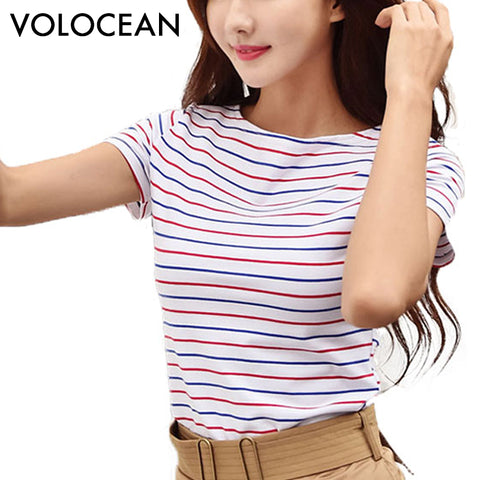 Volocean 2018 Cotton T-shirt Striped Classic Bottom T-shirts For Women Colorful T Shirt Woman Plus Size Female Top Tee 5XL