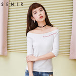 SEMIR T-shirt for women sexy slash neck 2018 new spring fashion tshirt for ladies trend half-sleeve thin Letters embroidered