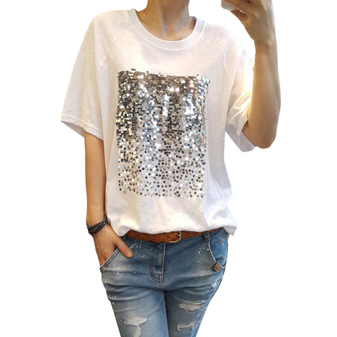 Summer 2018 New Korean White Shirt Loose Large size Cotton Sequins Bamboo Cotton White T-Shirt Female Short Sleeved Fitness Tee