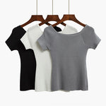 GIGIGO Knitted Summer Women T Shirt Fashion Sexy Slash neck Short Sleeves Top High Elasticity Female Slim Tshirt