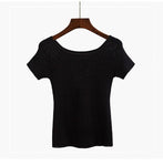 GIGIGO Knitted Summer Women T Shirt Fashion Sexy Slash neck Short Sleeves Top High Elasticity Female Slim Tshirt