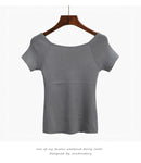 GIGIGO Knitted Summer Women T Shirt Fashion Sexy Slash neck Short Sleeves Top High Elasticity Female Slim Tshirt