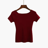 GIGIGO Knitted Summer Women T Shirt Fashion Sexy Slash neck Short Sleeves Top High Elasticity Female Slim Tshirt