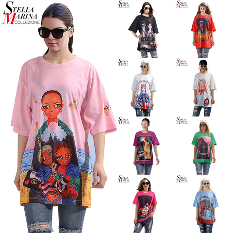 New 2018 Women Pink Color Tee Top Big Size Loose T-Shirt Half Sleeve Cartoon Printed Girls Casual Street Wear T Shirt Style 3338